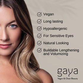 Gaya vegan mascara brush closeup highlighting clump-free definition.