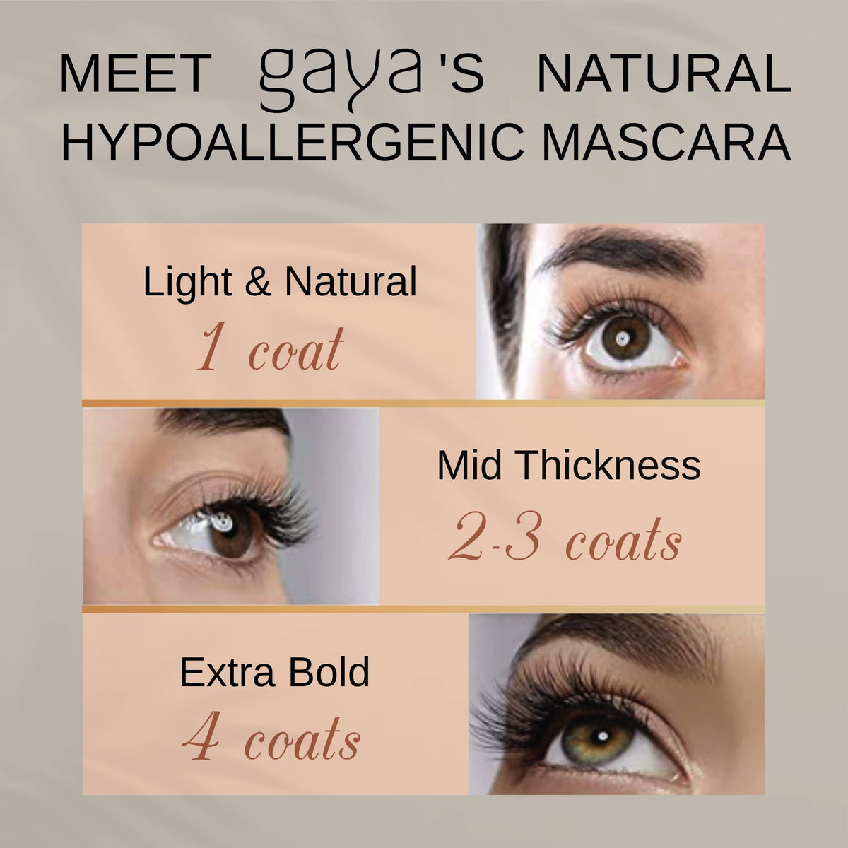 Gaya vegan black mascara wand demonstrating a curved brush for buildable length.