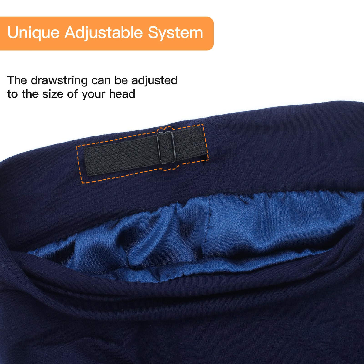 GB Selected navy satin-lined cap resting on pillow helps reduce friction.