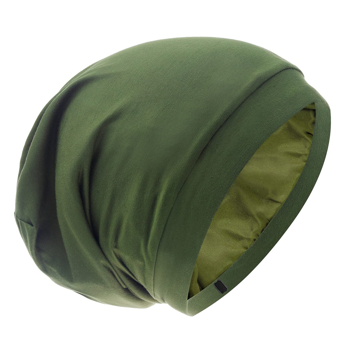 GB Selected silk satin lined bonnet olive green front view protects hair overnight.