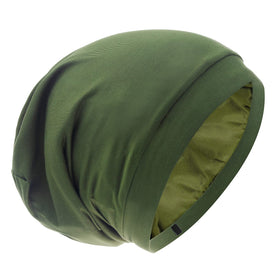 GB Selected silk satin lined bonnet olive green front view protects hair overnight.