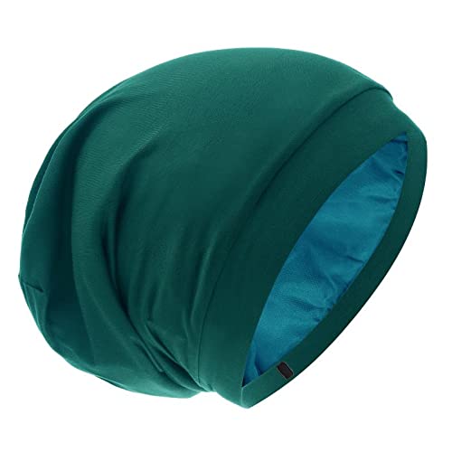 GB Selected silk satin lined bonnet in forest green protects curly hair overnight.