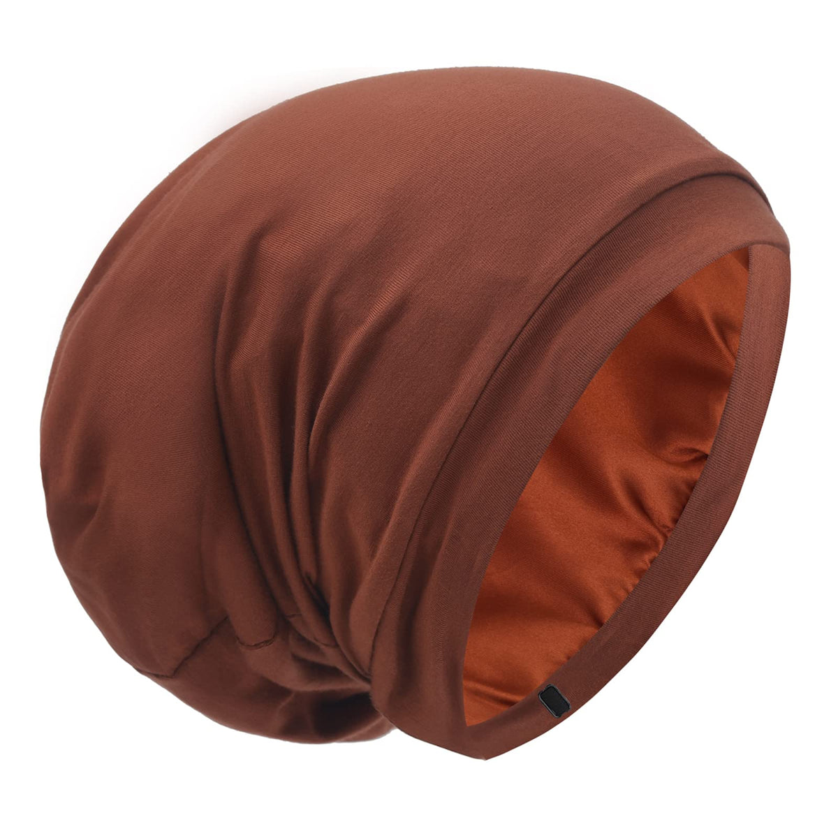 GB Selected Silk Satin Lining Bonnet — front view, comfortable caramel sleep cap for curly hair protection.