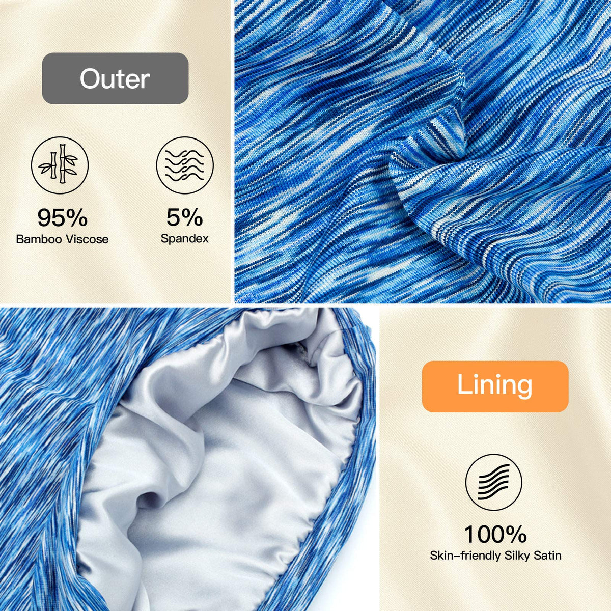 GB Selected silk satin lining minimizes friction to preserve hairstyles.