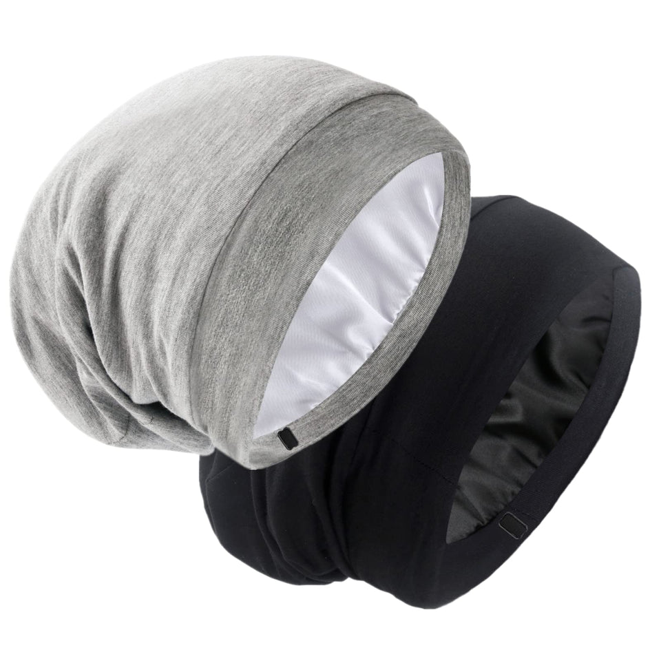 GB Selected SilkySatin lined bonnet sleep cap on head for secure overnight wear