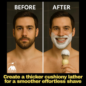 G.B.S GENTS faux ivory brush with ergonomic handle delivers a creamy lather.