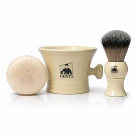 G.B.S GENTS heavy-duty ceramic shaving mug with knob handle for easy grip and durability.