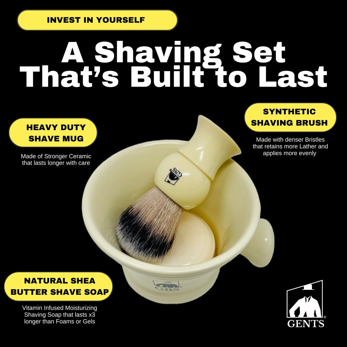 G.B.S GENTS 3 oz natural lather soap provides long-lasting foam for a steady shave.