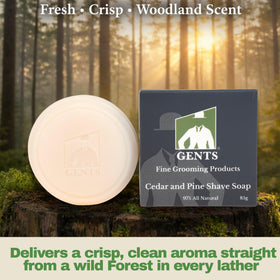 G.B.S GENTS Pine shaving soap bar delivers crisp scent and easy razor glide.