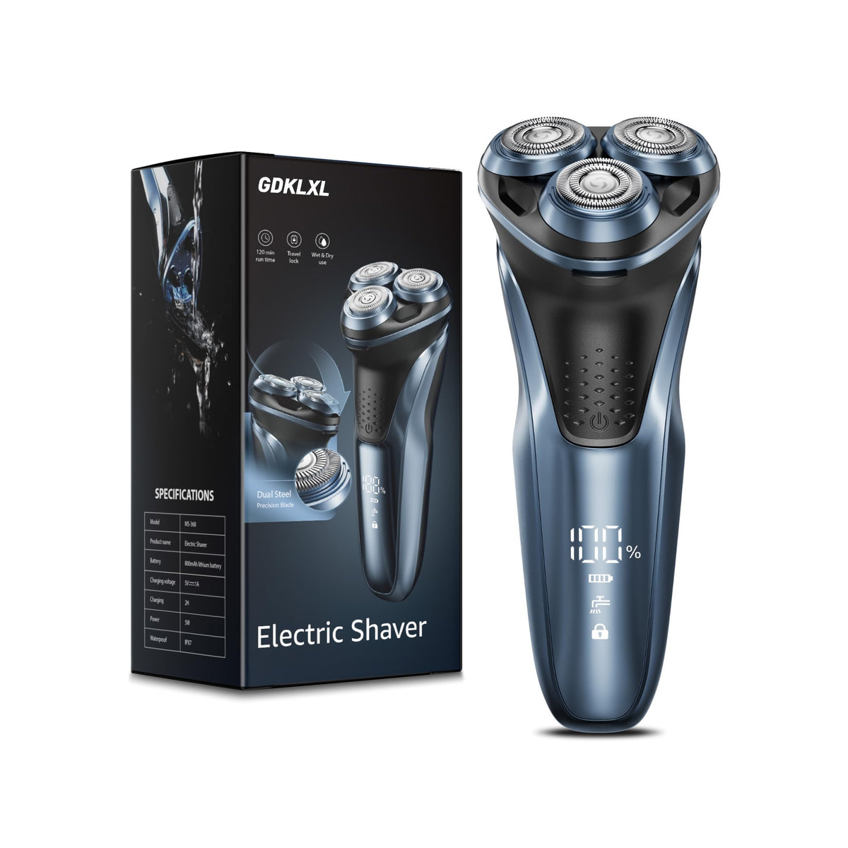 GDKLXL Rechargeable Razor with 5D head follows contours for precise, comfortable shaving.