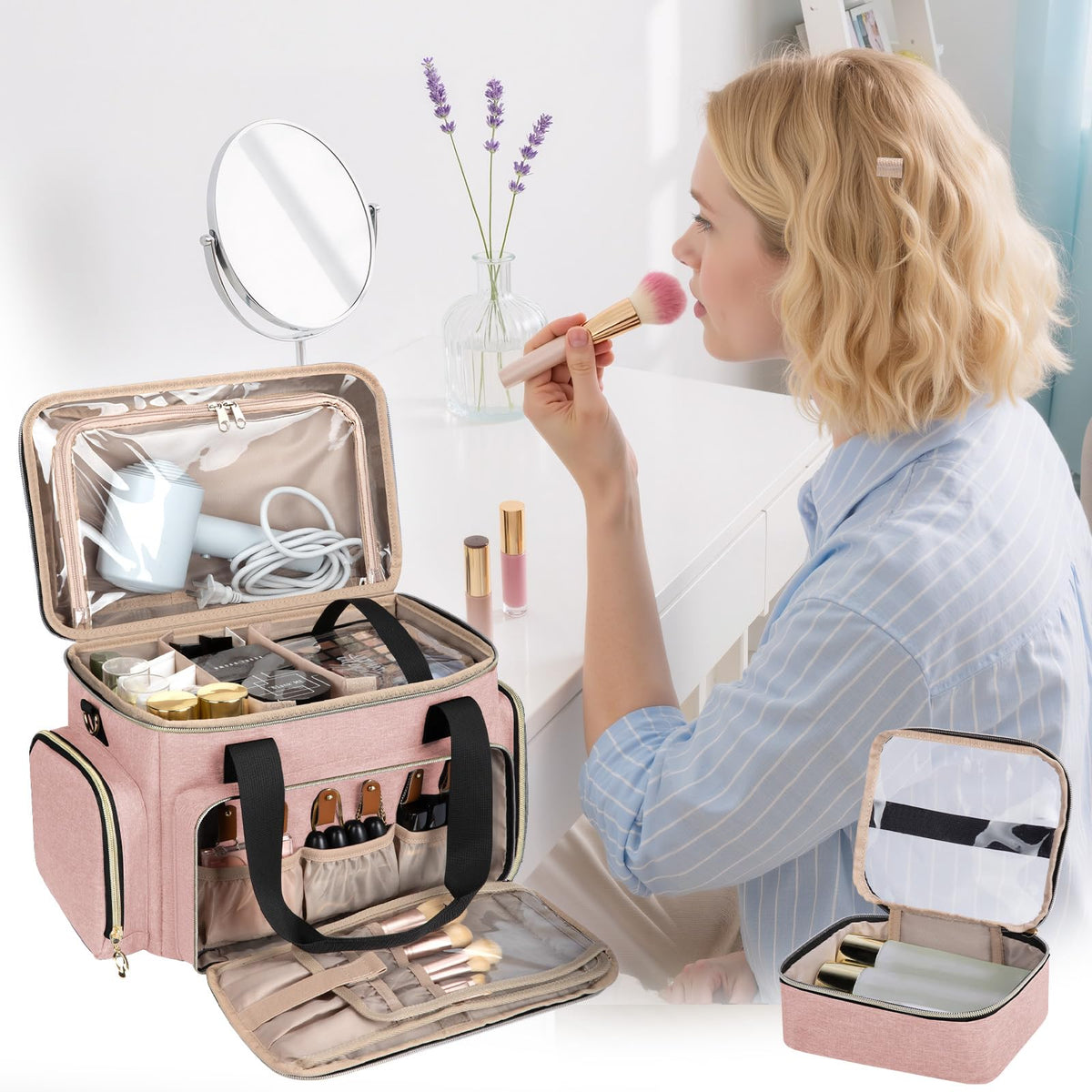 GDNasist Large Makeup Bag brush compartment keeps brushes protected and tidy.