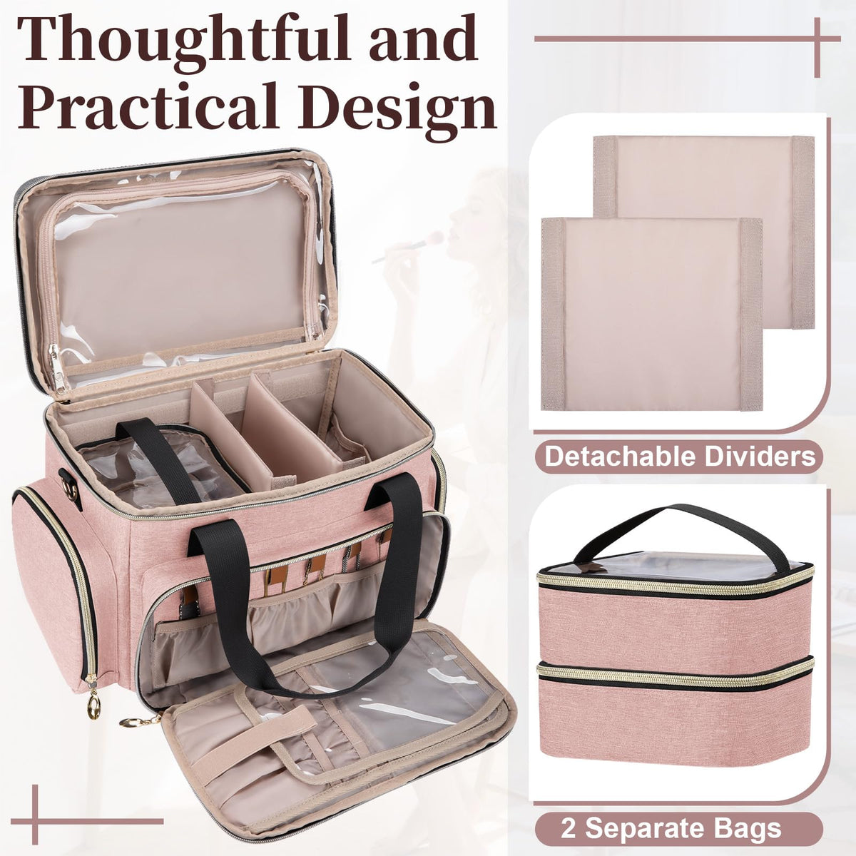 GDNasist Large Makeup Bag luggage strap enables secure travel alongside luggage.