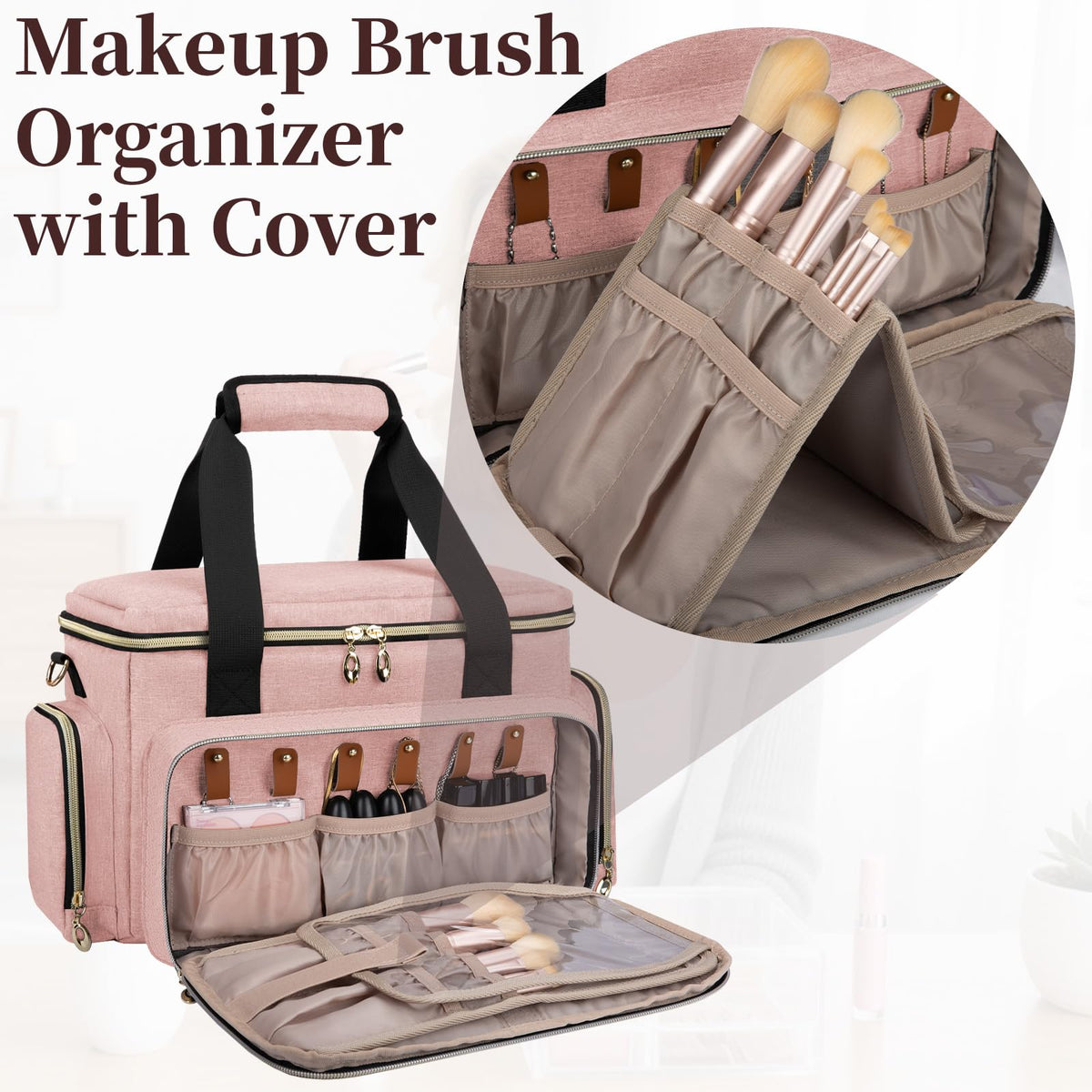 GDNasist Large Makeup Bag side view highlighting spacious main compartment for packing.
