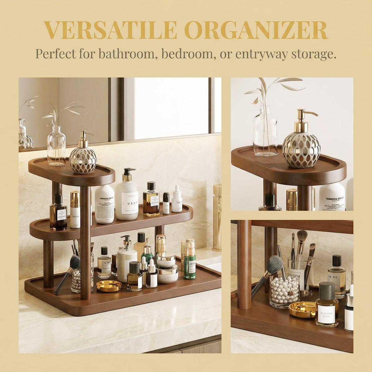 GDQ vanity organizer mid- and top-tier layout demonstrates compact beauty storage
