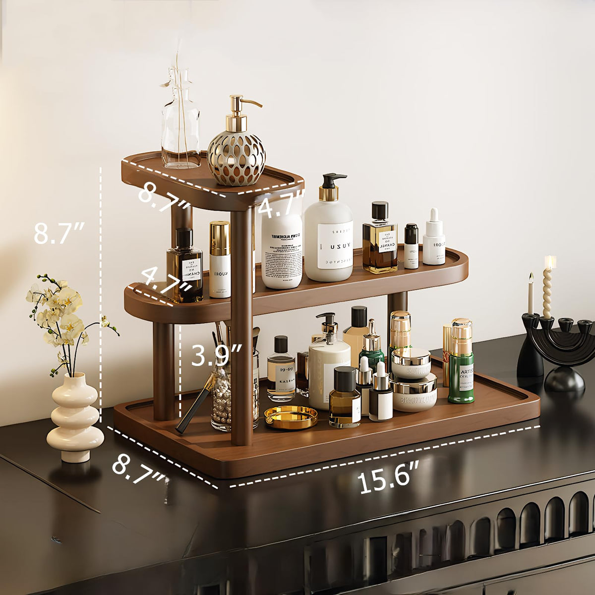 GDQ wooden display organizer stand side view shows elegant bottle display