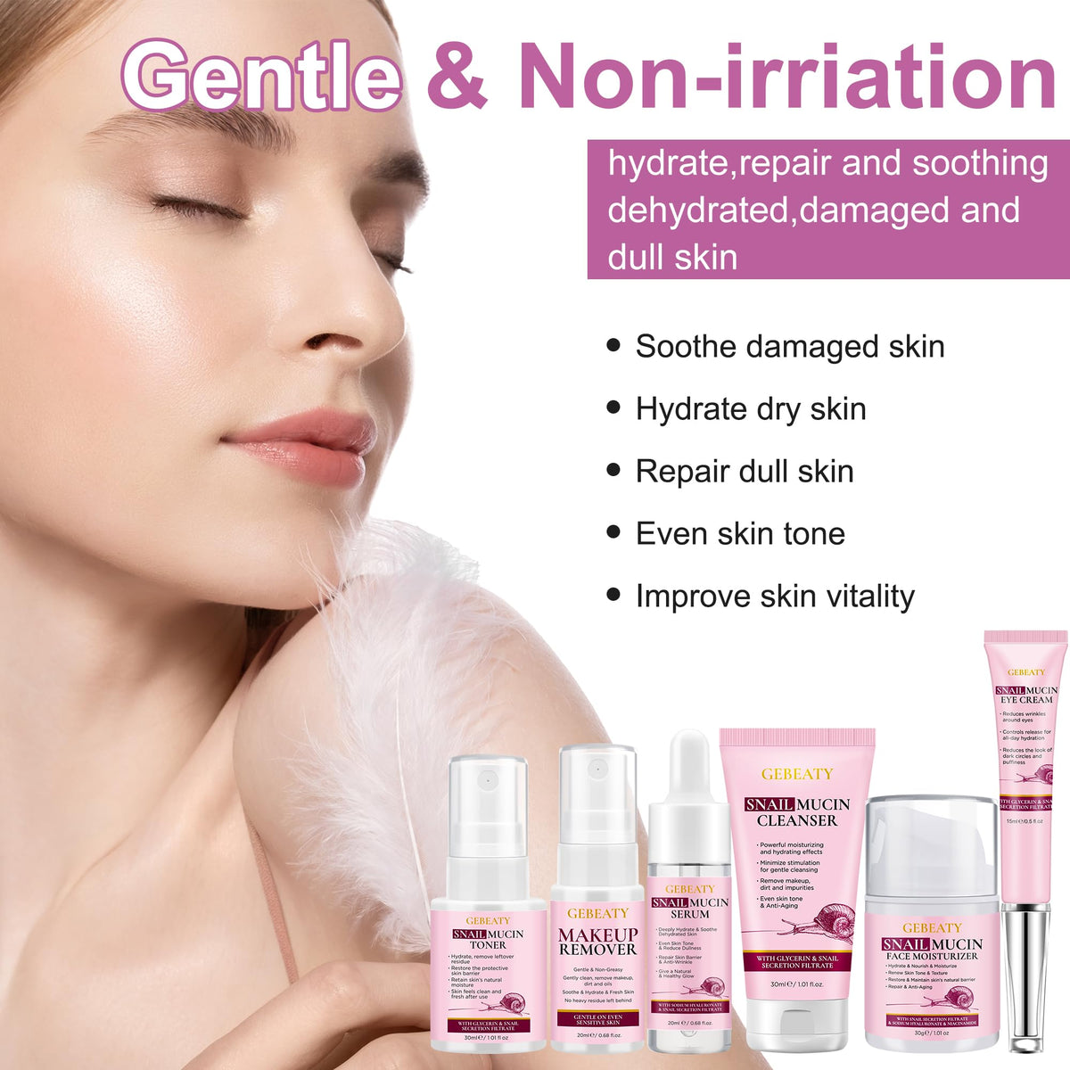 Gebeaty snail mucin serum designed to hydrate and smooth skin.