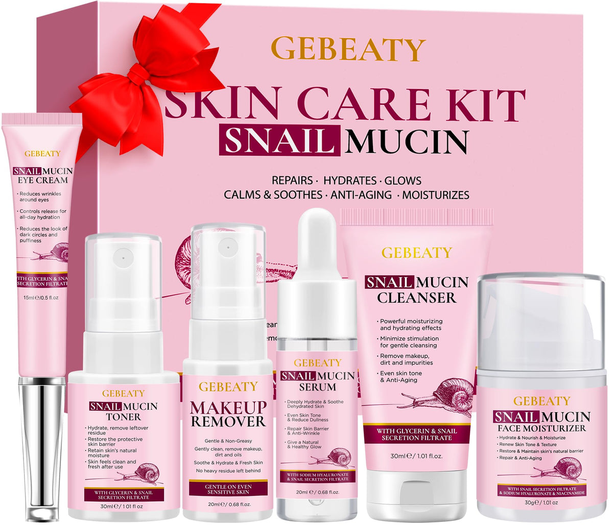 Gebeaty snail mucin skin care set shown in a glass kit for complete hydration.