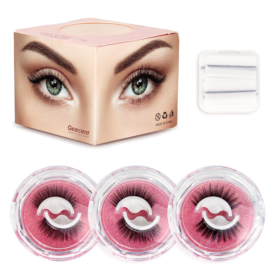 Geecent self-adhesive eyelashes packaging shows fast, no-glue press-on design