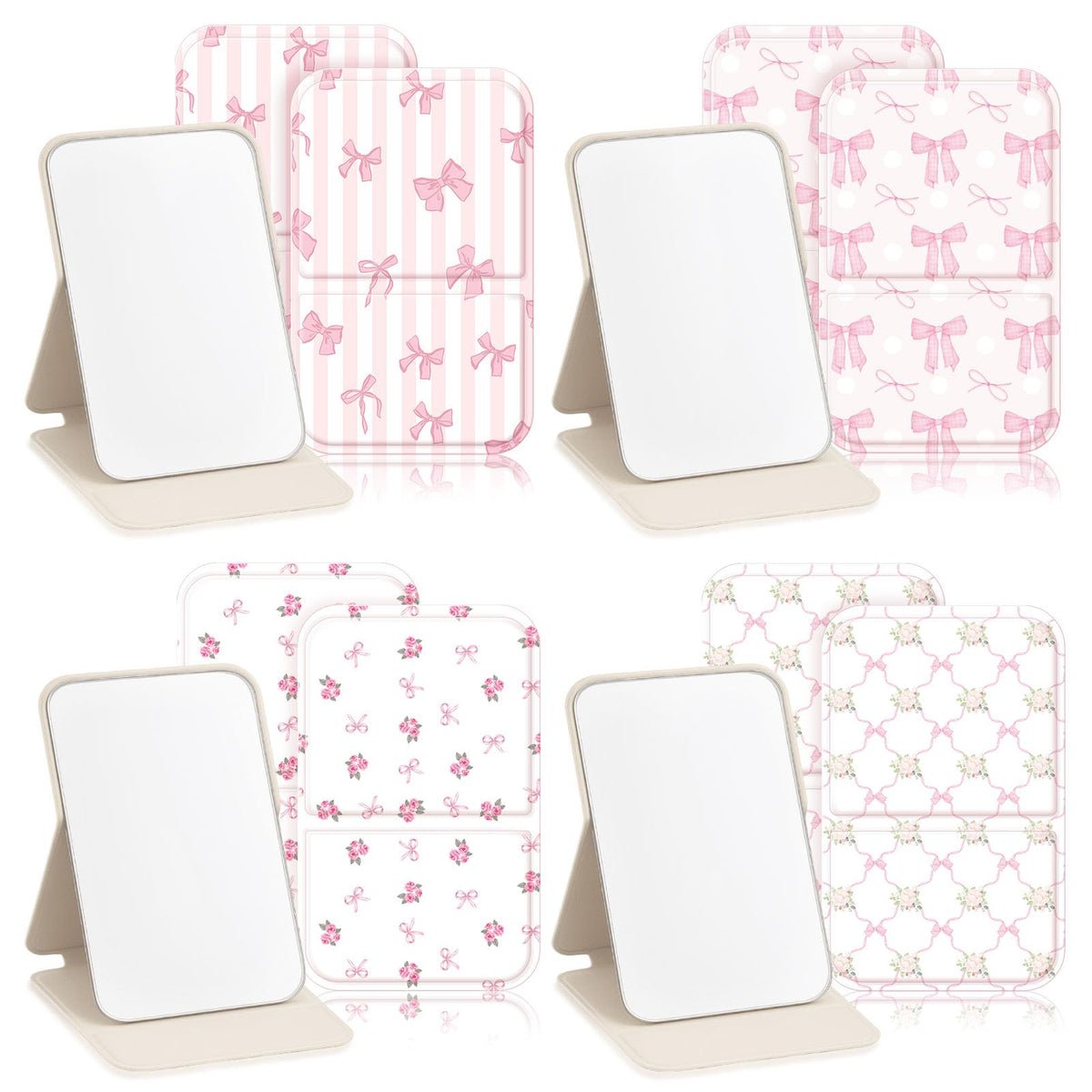 Geelin pink bow compact mirror outside cover for on-the-go touchups.