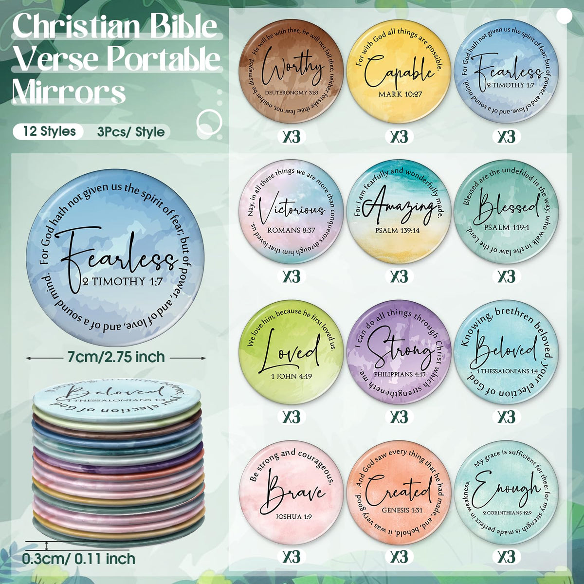 Geelin bible-verse mini mirrors display varied designs for easy daily checks while on the go.