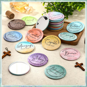 Geelin lightweight plastic-tinplate mirrors offer clear reflections for travel and touch-ups.