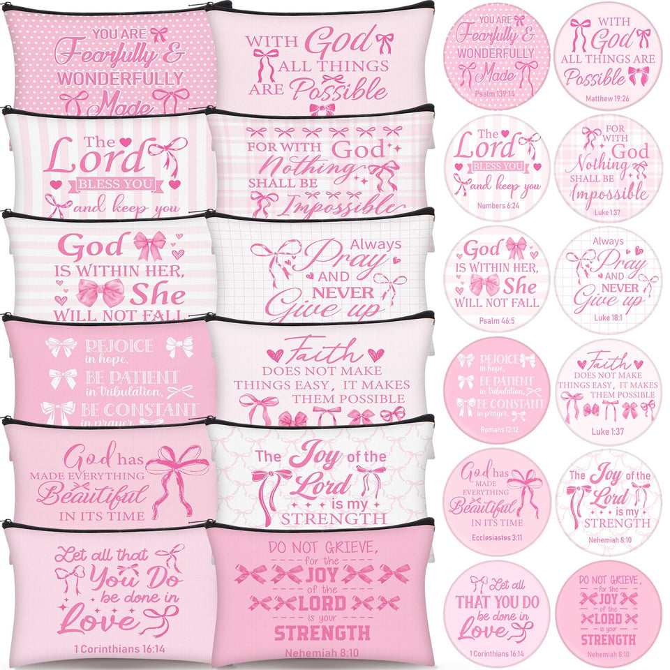 Geelin pink bow Bible makeup bag, durable daily cosmetic organizer.