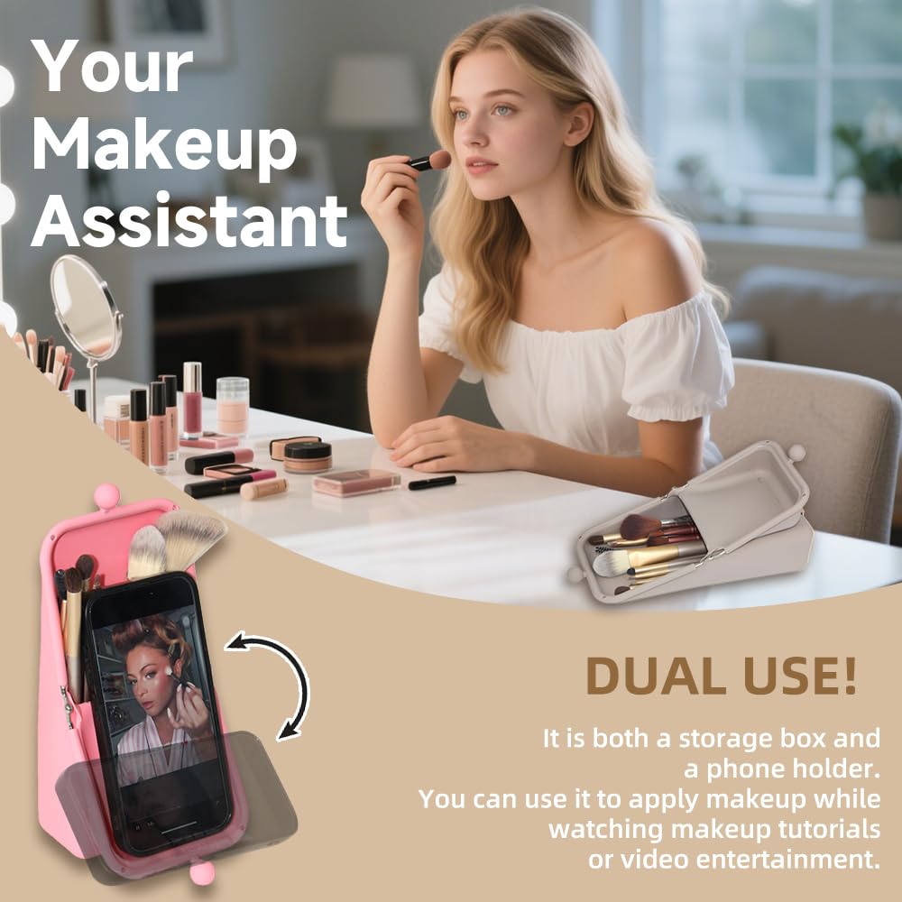 Geelraqaly silicone makeup bag used as a phone holder during tutorials.