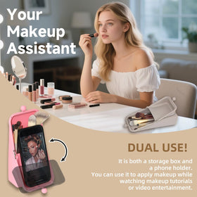 Geelraqaly silicone makeup bag used as a phone holder during tutorials.