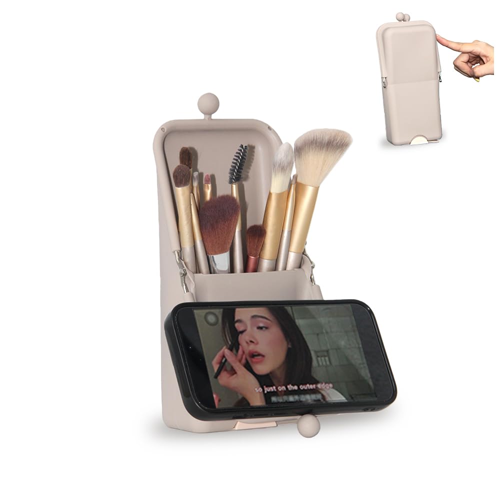 Geelraqaly silicone makeup brush holder standing upright for easy access.