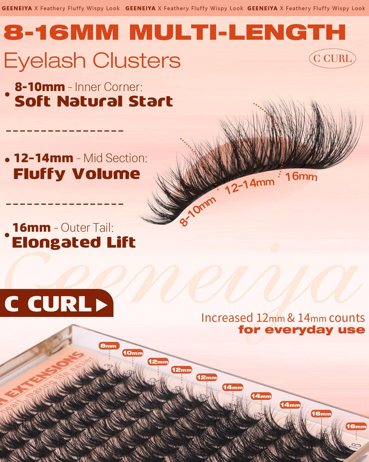 Geeneiya 8-16mm lash clusters with C curl for natural to dramatic looks
