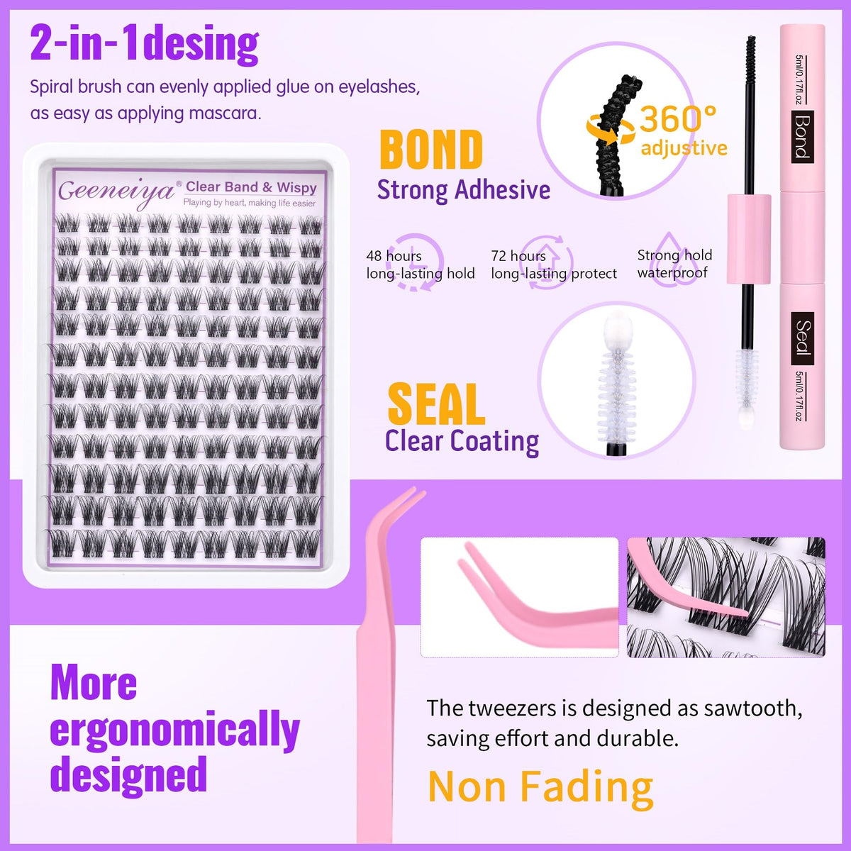Geeneiya lash bond and seal glue bottle highlighting waterproof hold