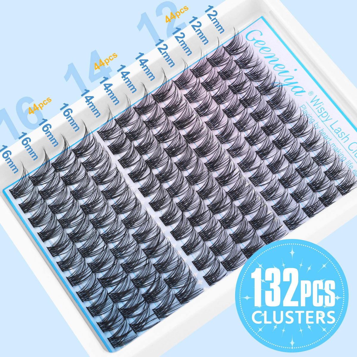 Geeneiya wispy cluster lashes 16mm for a fuller glam appearance.