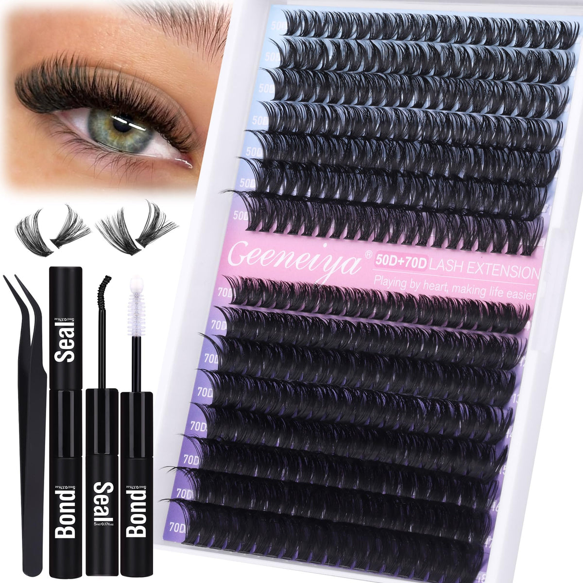 Geeneiya Wispy Lash Clusters Kit 50D+70D extensions for natural-looking volume.