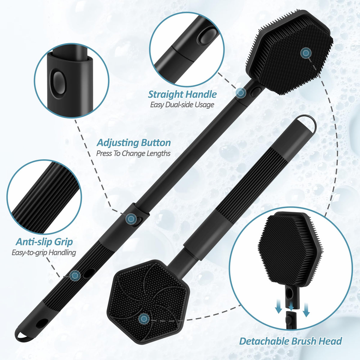 GEENOA back scrubber dual side head soft bristles for gentle lathering