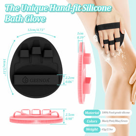 GEENOA bath glove features enlarged size and hand-fit design for comfortable cleansing.