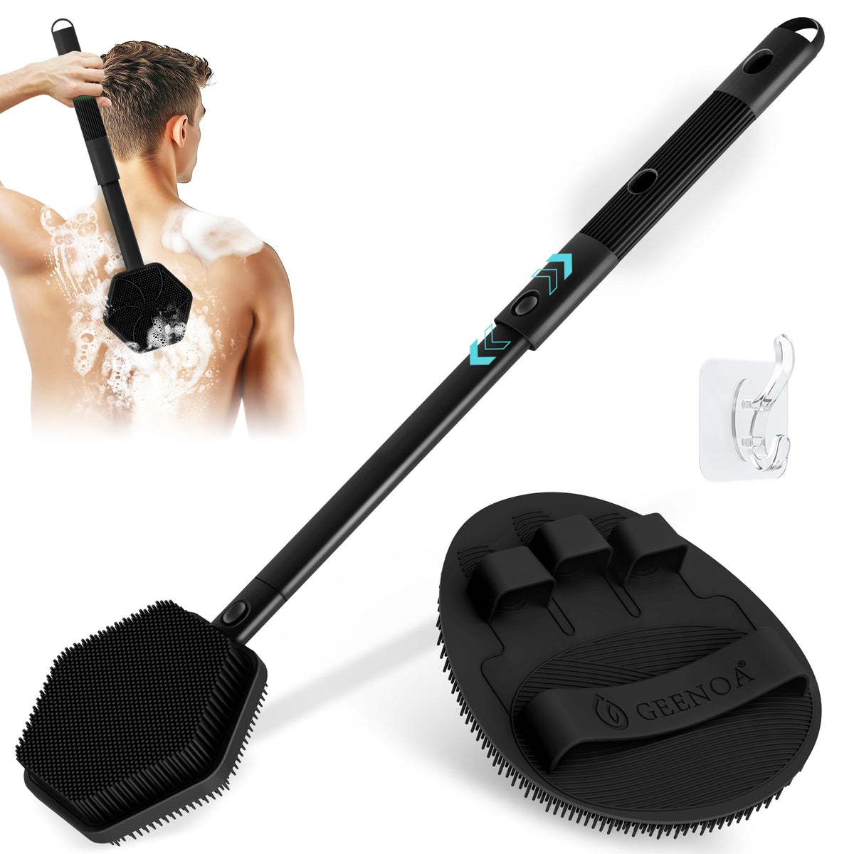 GEENOA silicone back scrubber with extendable handle closed for easy storage and reach