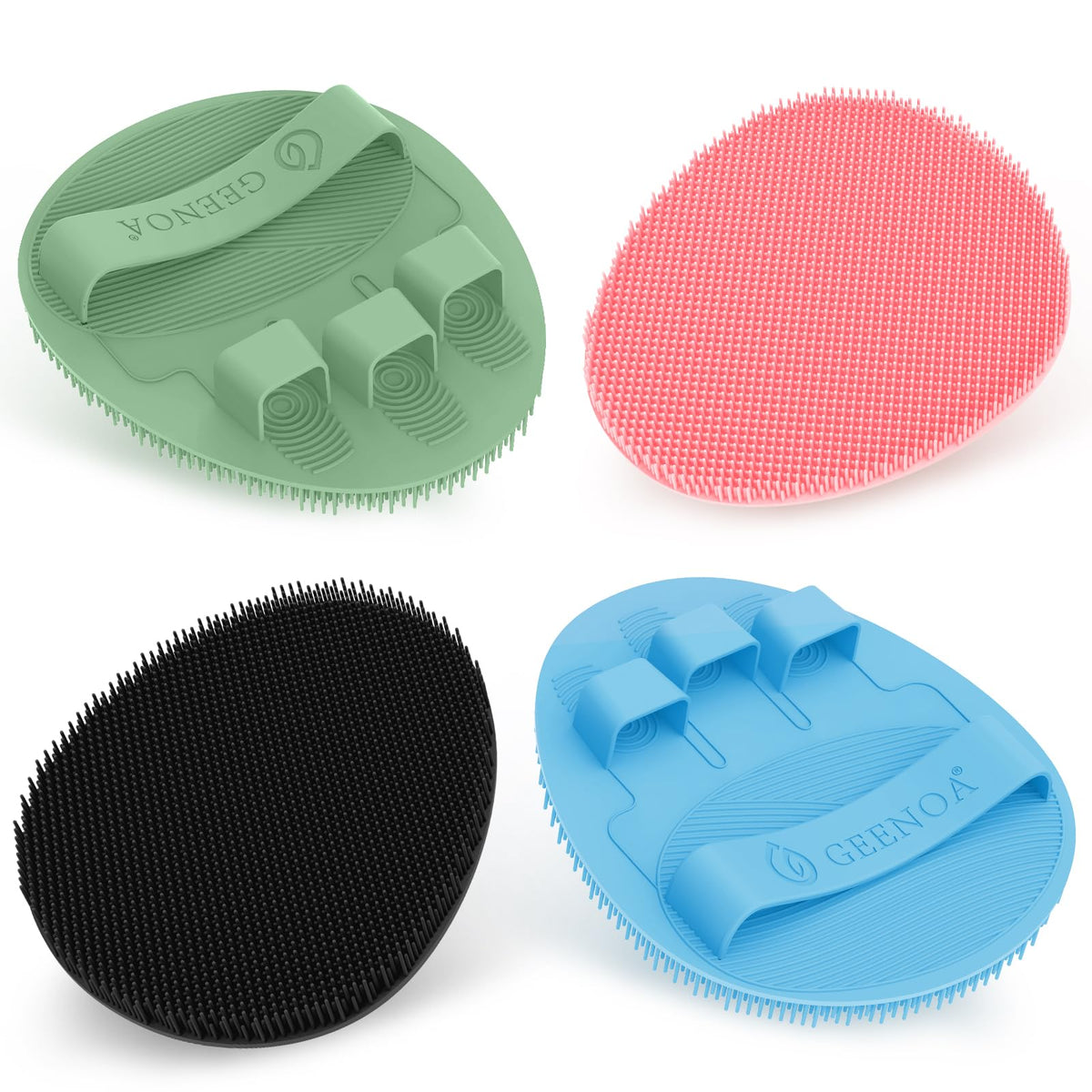 GEENOA silicone body scrubber with 360-degree anti-slip grip for secure shower cleansing.