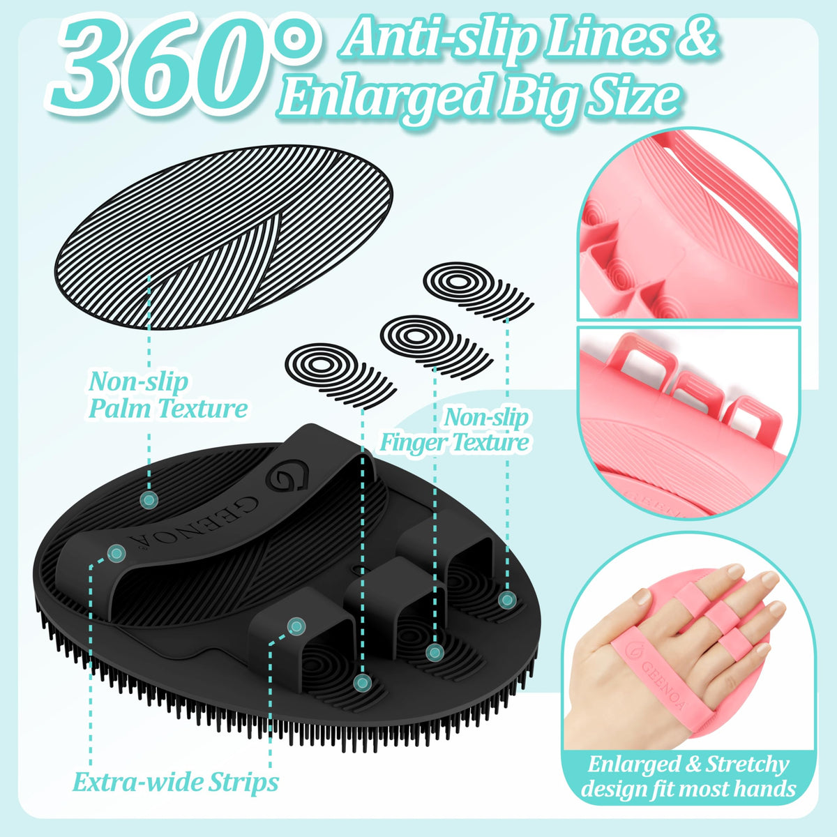 GEENOA silicone scrubber bristles deliver rich lather and gentle exfoliation across skin.