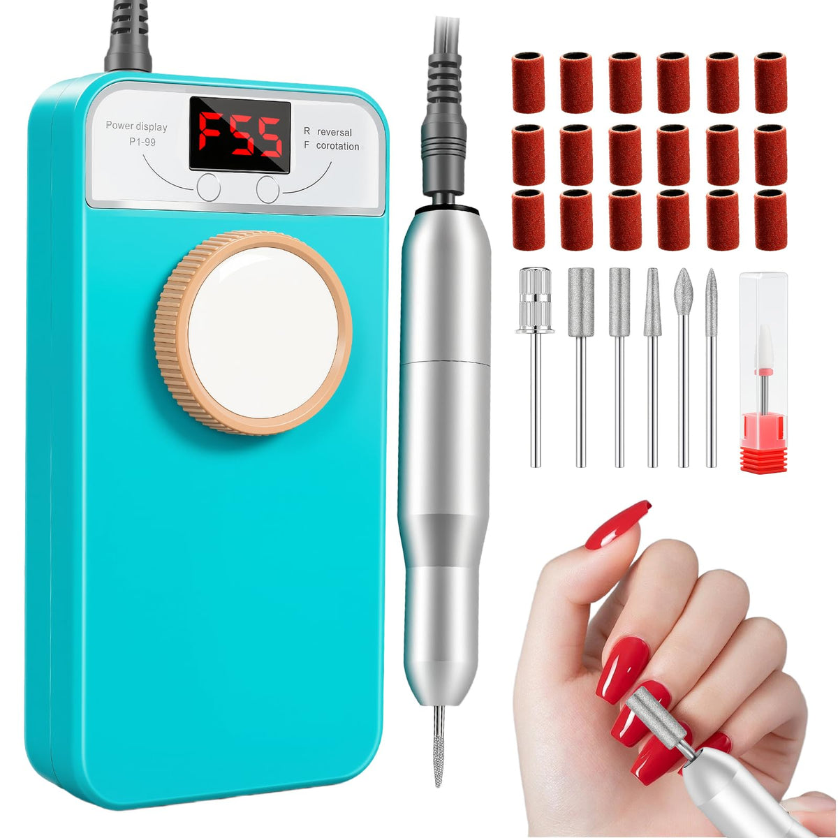 GEEZO nail drill showing 55000 RPM for precise filing.