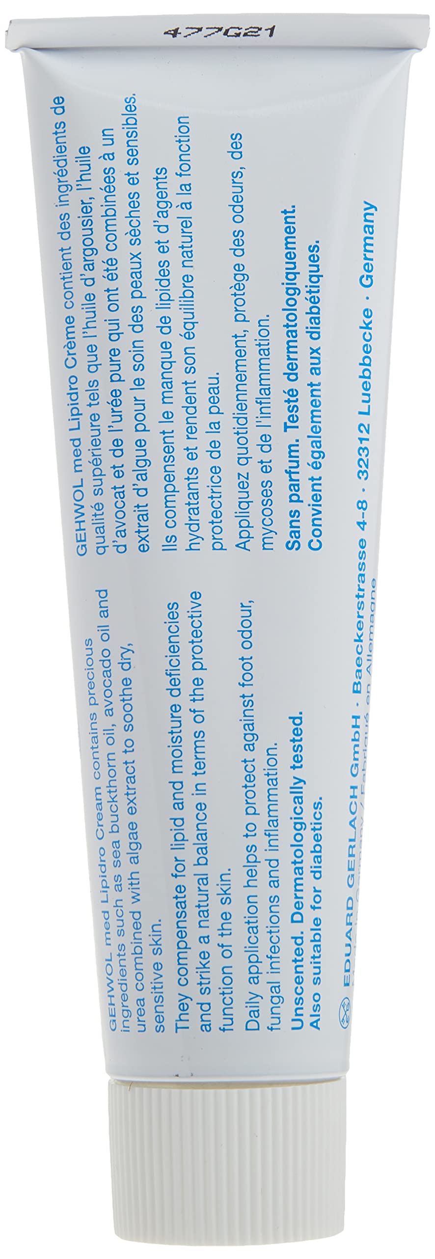 Gehwol Med Lipidro Cream packaging with label signaling advanced foot care from Gehwol.