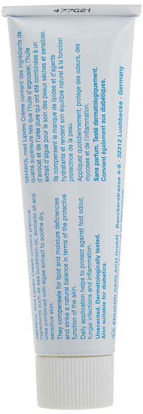 Gehwol Med Lipidro Cream packaging with label signaling advanced foot care from Gehwol.
