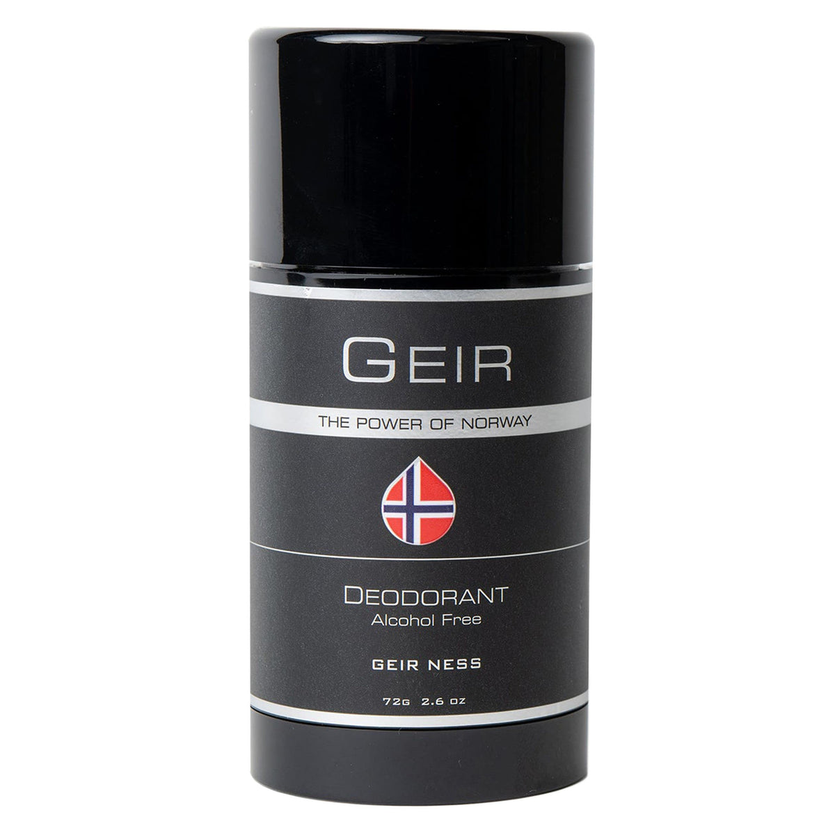 Geir Ness Men deodorant bottle closeup showing long-lasting fragrance.