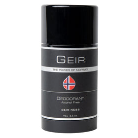 Geir Ness Men deodorant bottle closeup showing long-lasting fragrance.