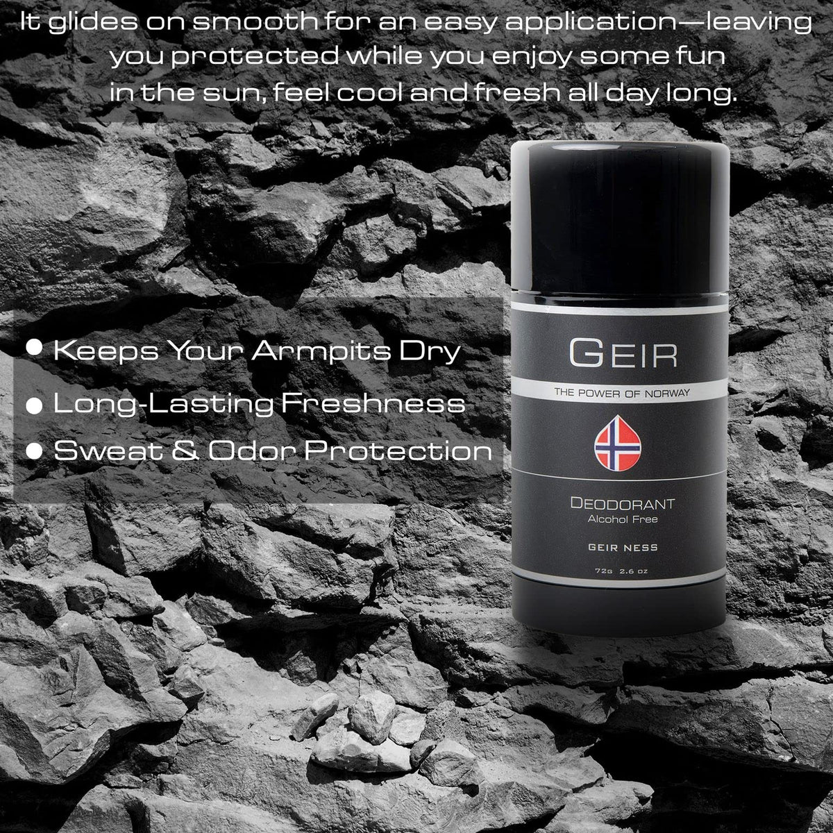 Geir Ness Men deodorant label details emphasizing alcohol-free formula.