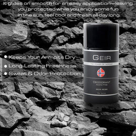Geir Ness Men deodorant label details emphasizing alcohol-free formula.