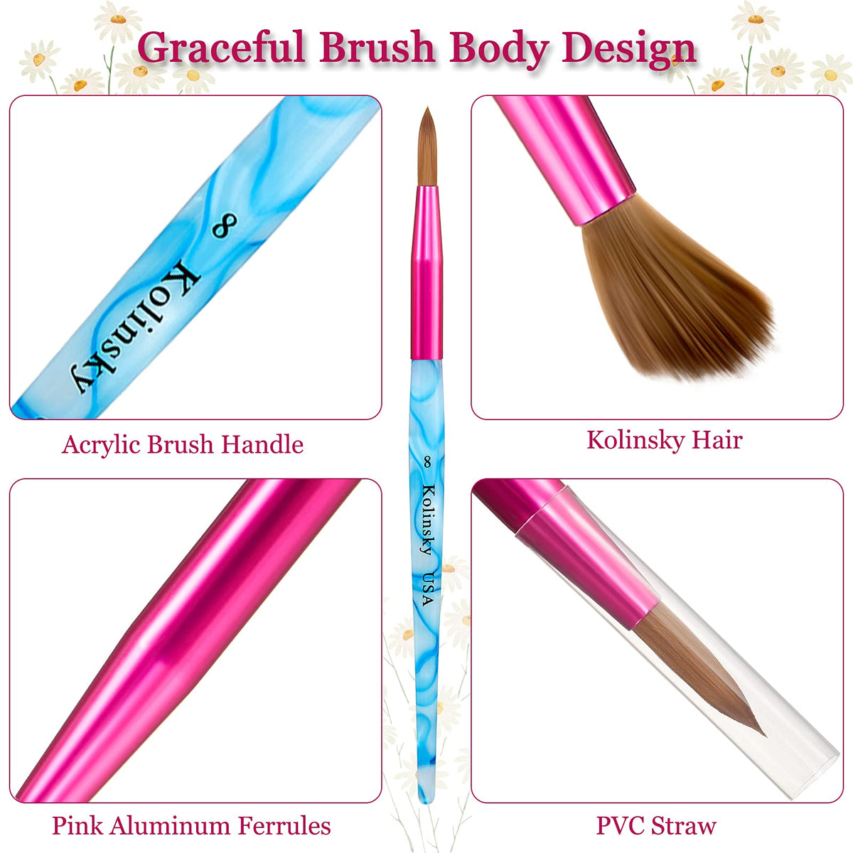 Geiserailie Kolinsky brush head 8 for smooth lines in nail art.