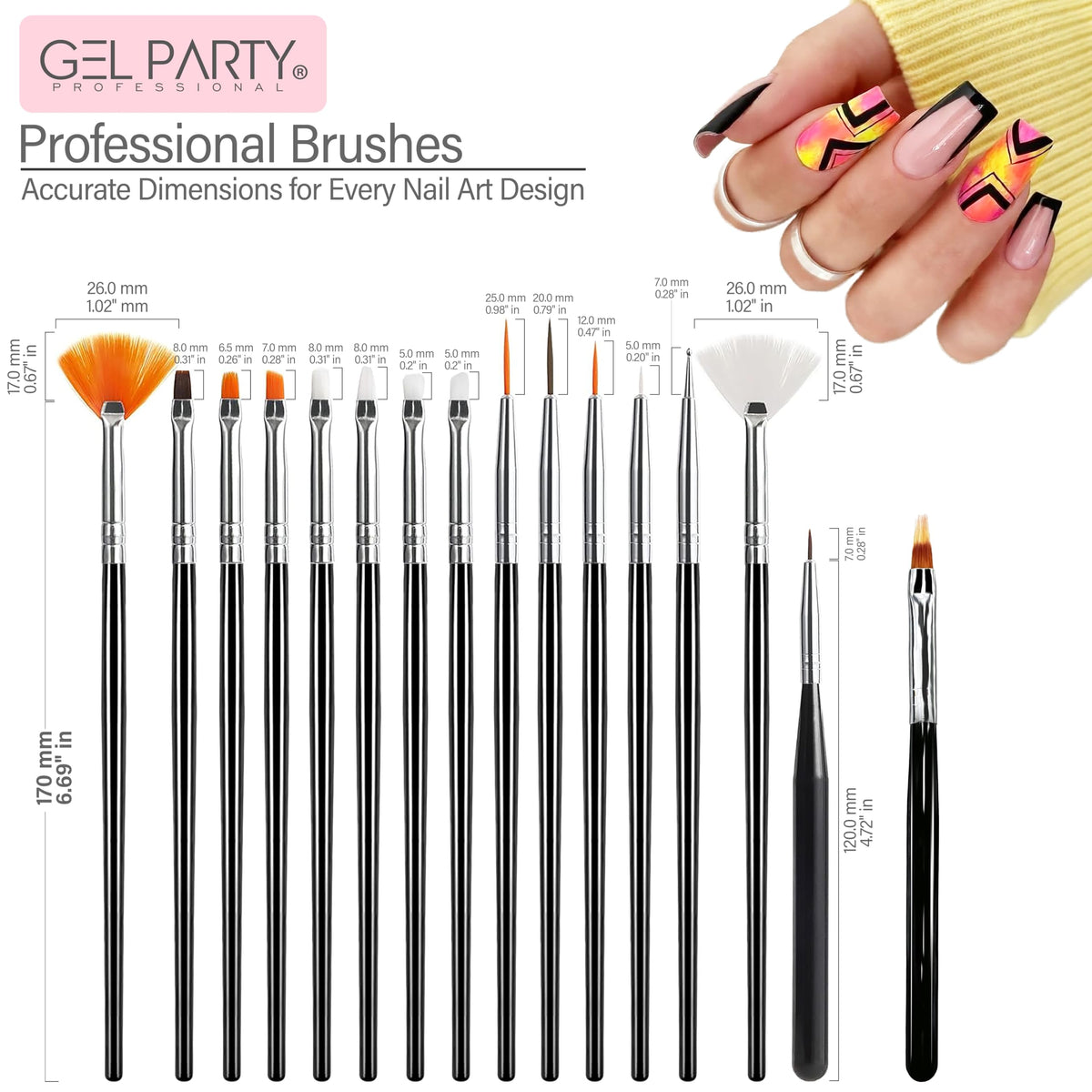 GEL PARTY detailed brushes closeup shows precision for fine lines