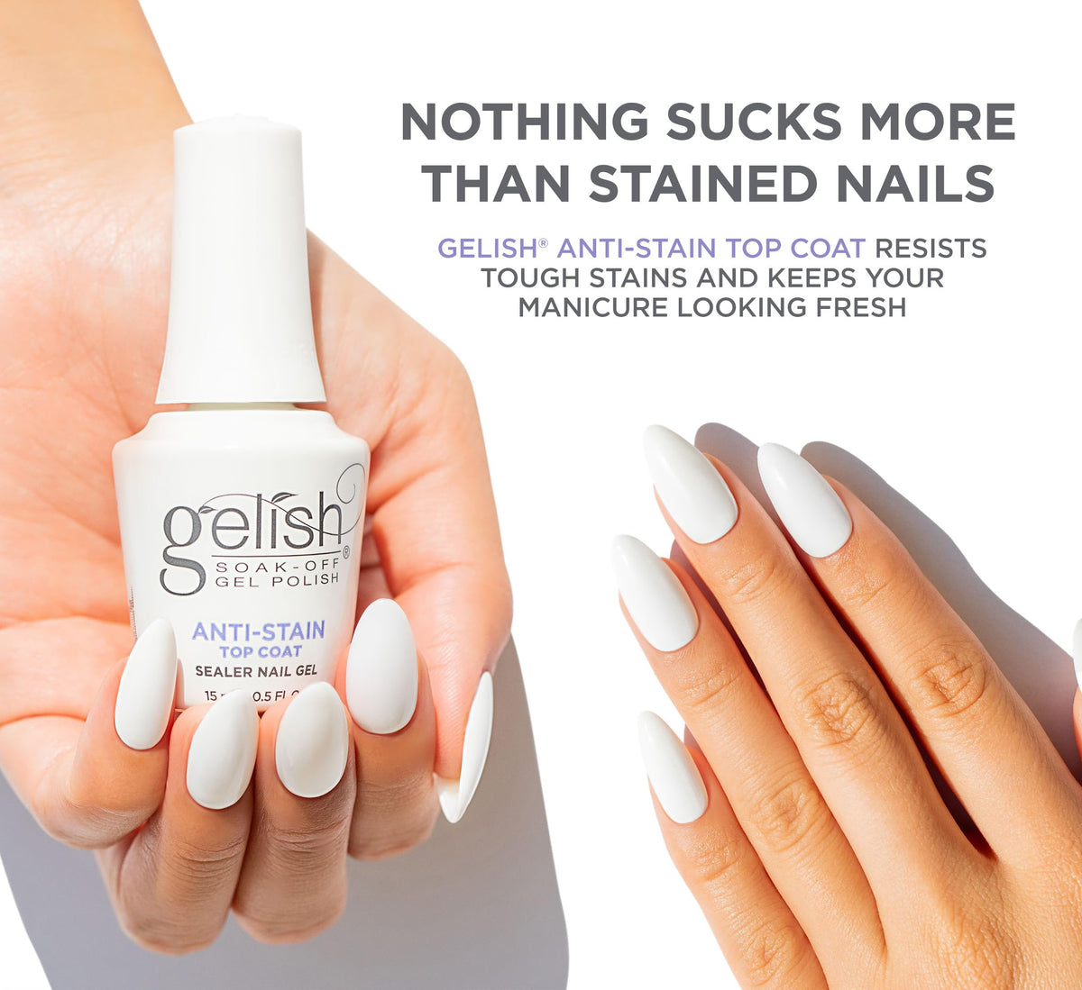 Gelish Anti-Stain Top Coat cures under LED light in 30 seconds