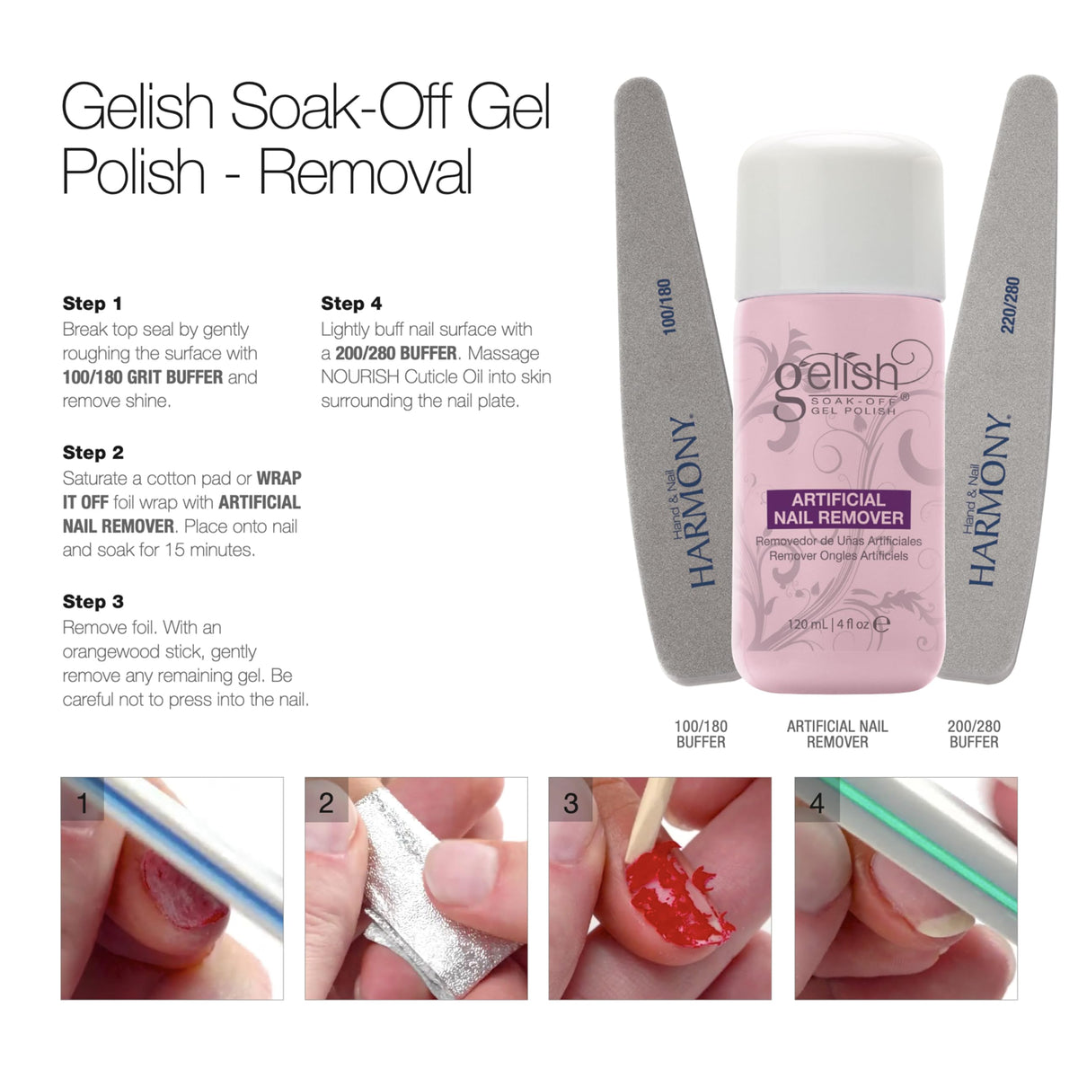 Gelish artificial nail remover foil-wrap soak for efficient at-home use.