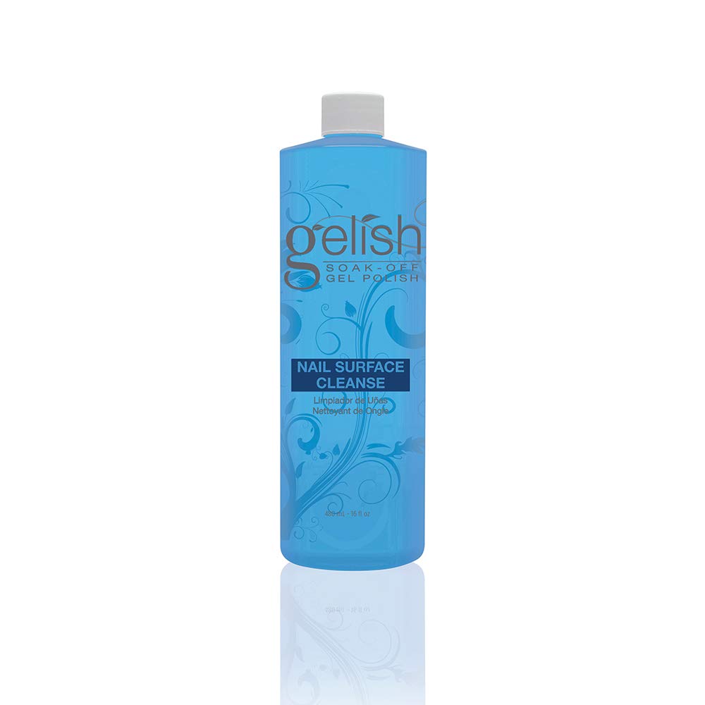 Gelish Nail Surface Cleanse bottle close-up supports a smooth, high-shine gel manicure.
